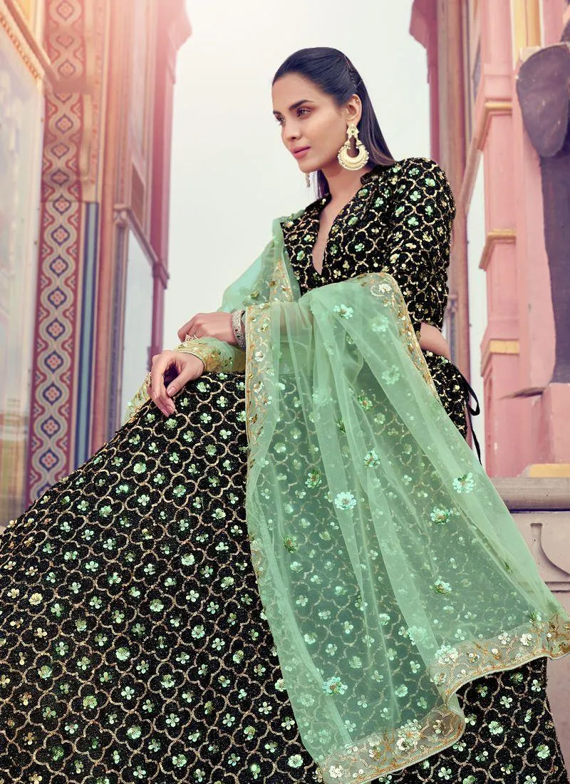 Gorgeous Look Black Color Lehenga Choli With Green Color Dupatta