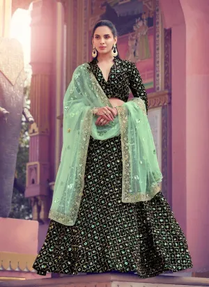 Gorgeous Look Black Color Lehenga Choli With Green Color Dupatta