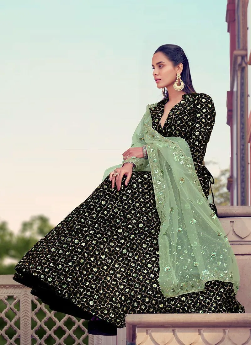 Gorgeous Look Black Color Lehenga Choli With Green Color Dupatta