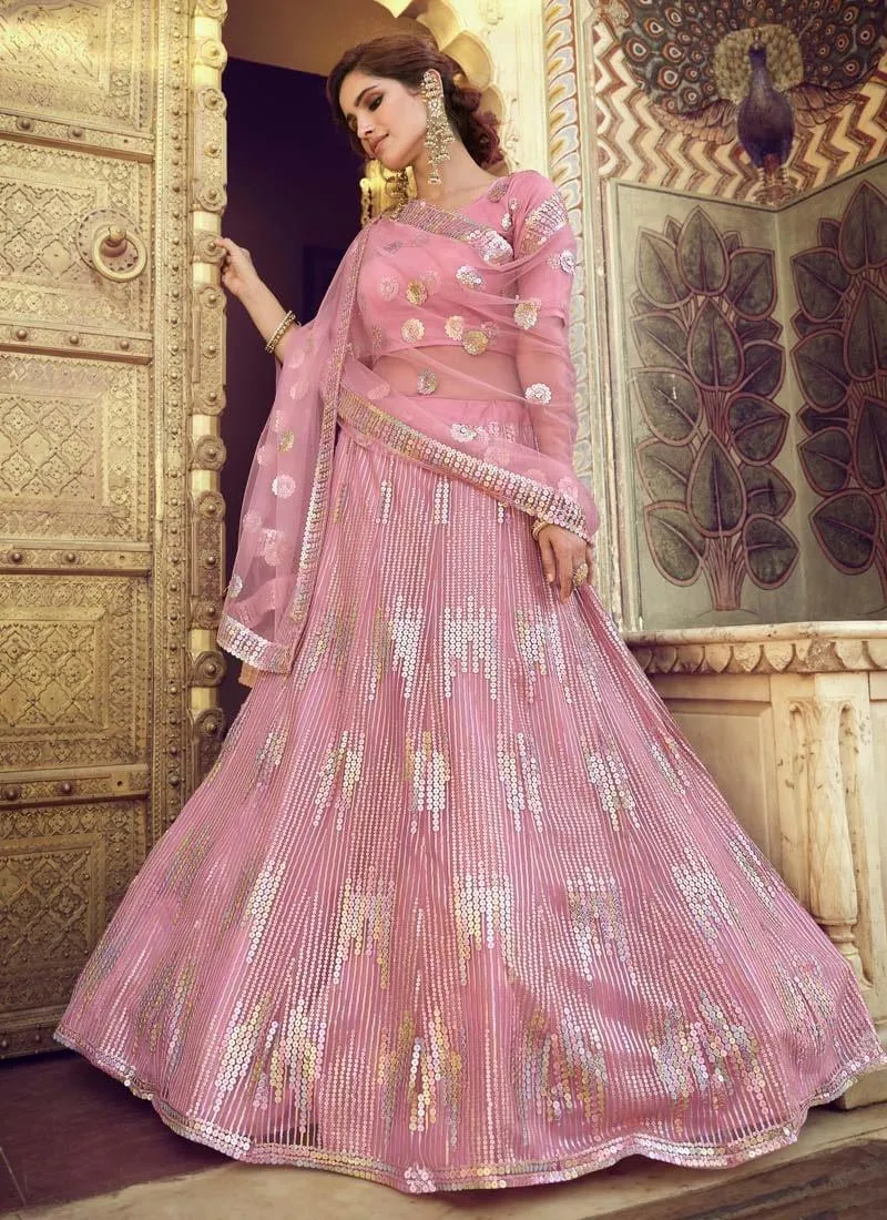 Gorgeous Look Pink Color Soft Net Fabric Sequins Work Lehenga Choli