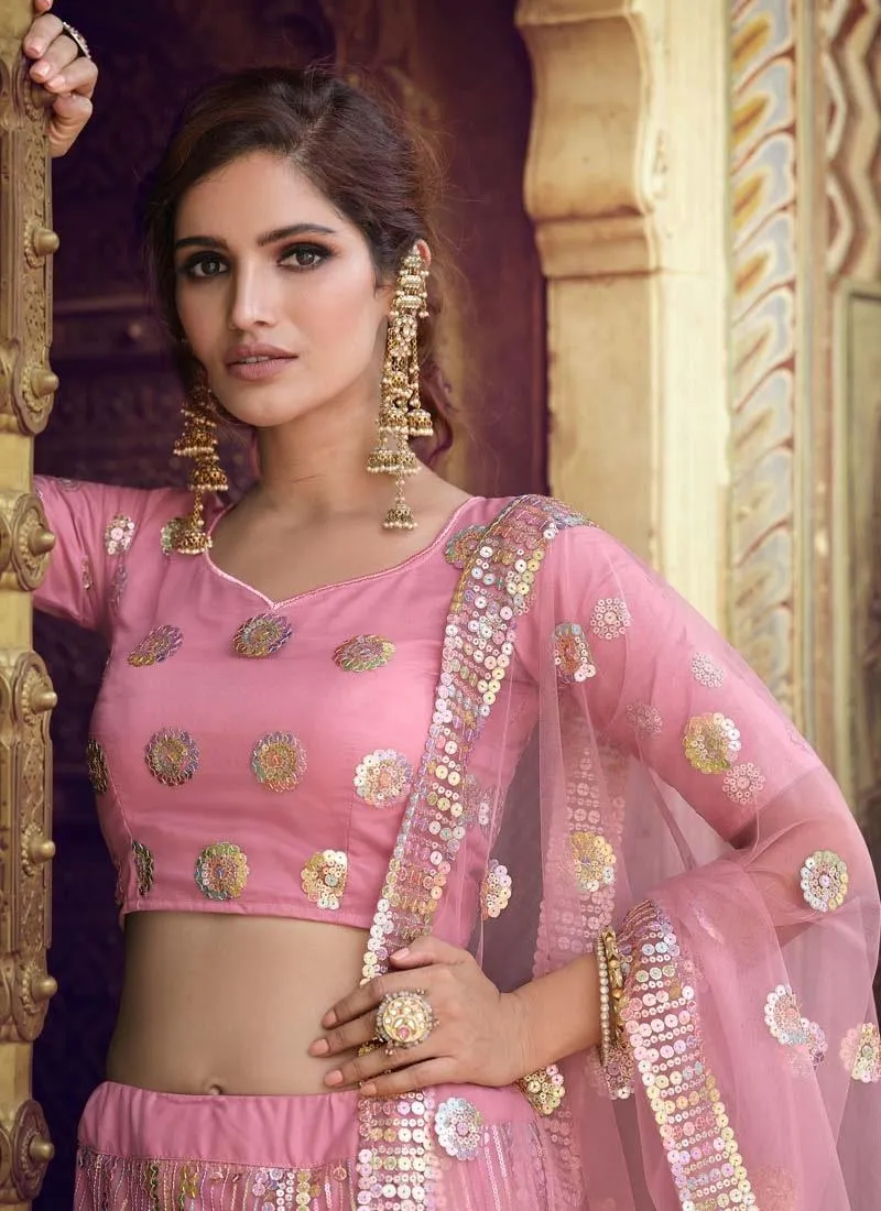 Gorgeous Look Pink Color Soft Net Fabric Sequins Work Lehenga Choli
