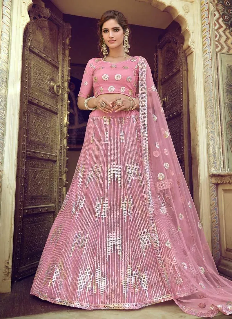 Gorgeous Look Pink Color Soft Net Fabric Sequins Work Lehenga Choli