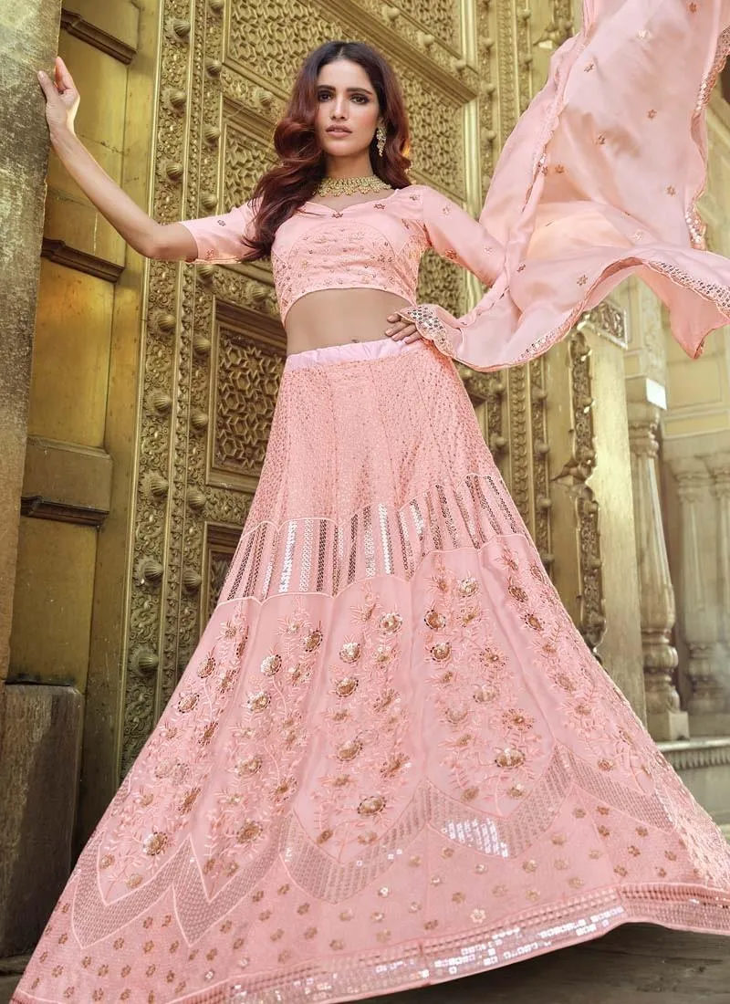 Gorgeous Sequins Work Peach Color Georgette Fabric Flared Lehenga Choli