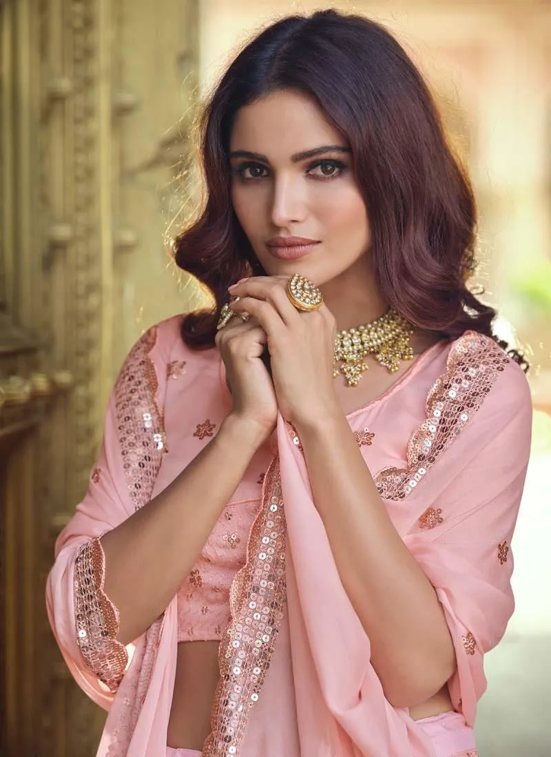 Gorgeous Sequins Work Peach Color Georgette Fabric Flared Lehenga Choli