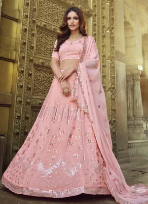 Gorgeous Sequins Work Peach Color Georgette Fabric Flared Lehenga Choli