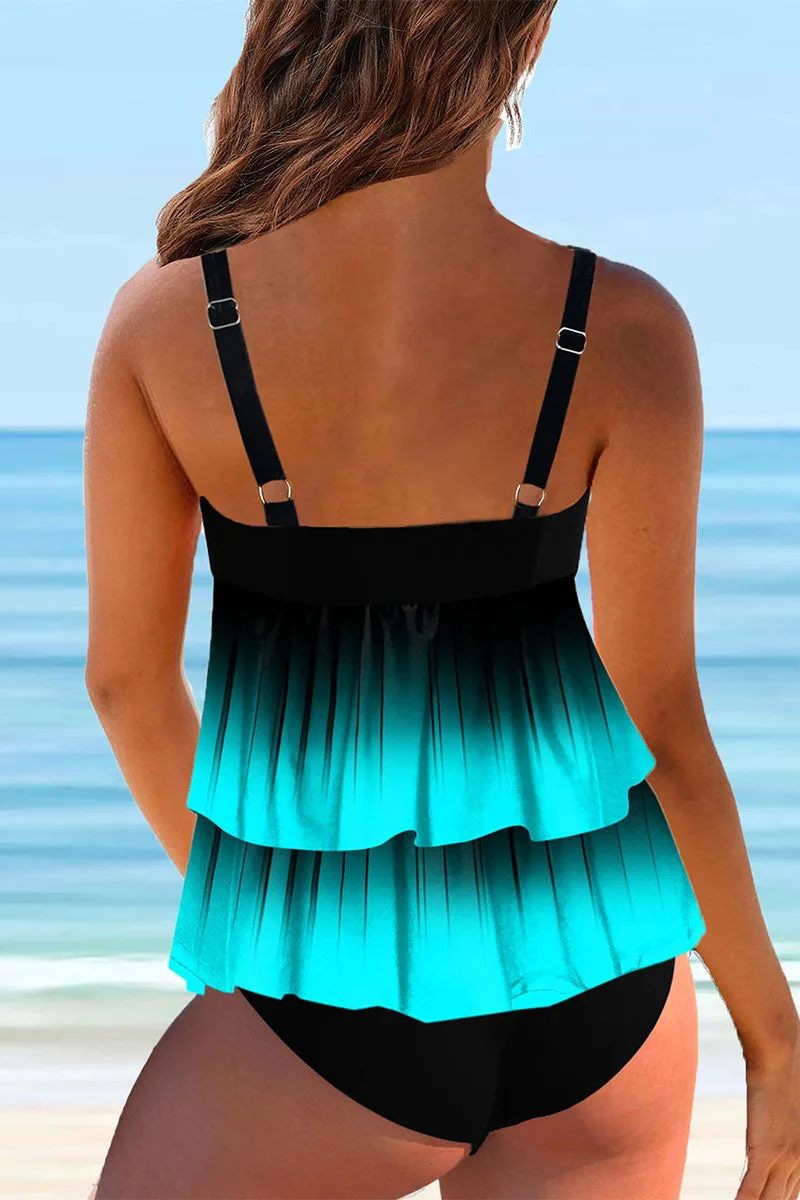 Gradient Striking Tiered Ruffle Tankini