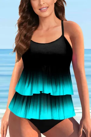 Gradient Striking Tiered Ruffle Tankini