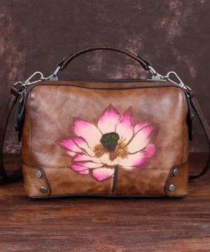 Handmade Chocolate Floral Paitings Calf Leather Satchel Handbag