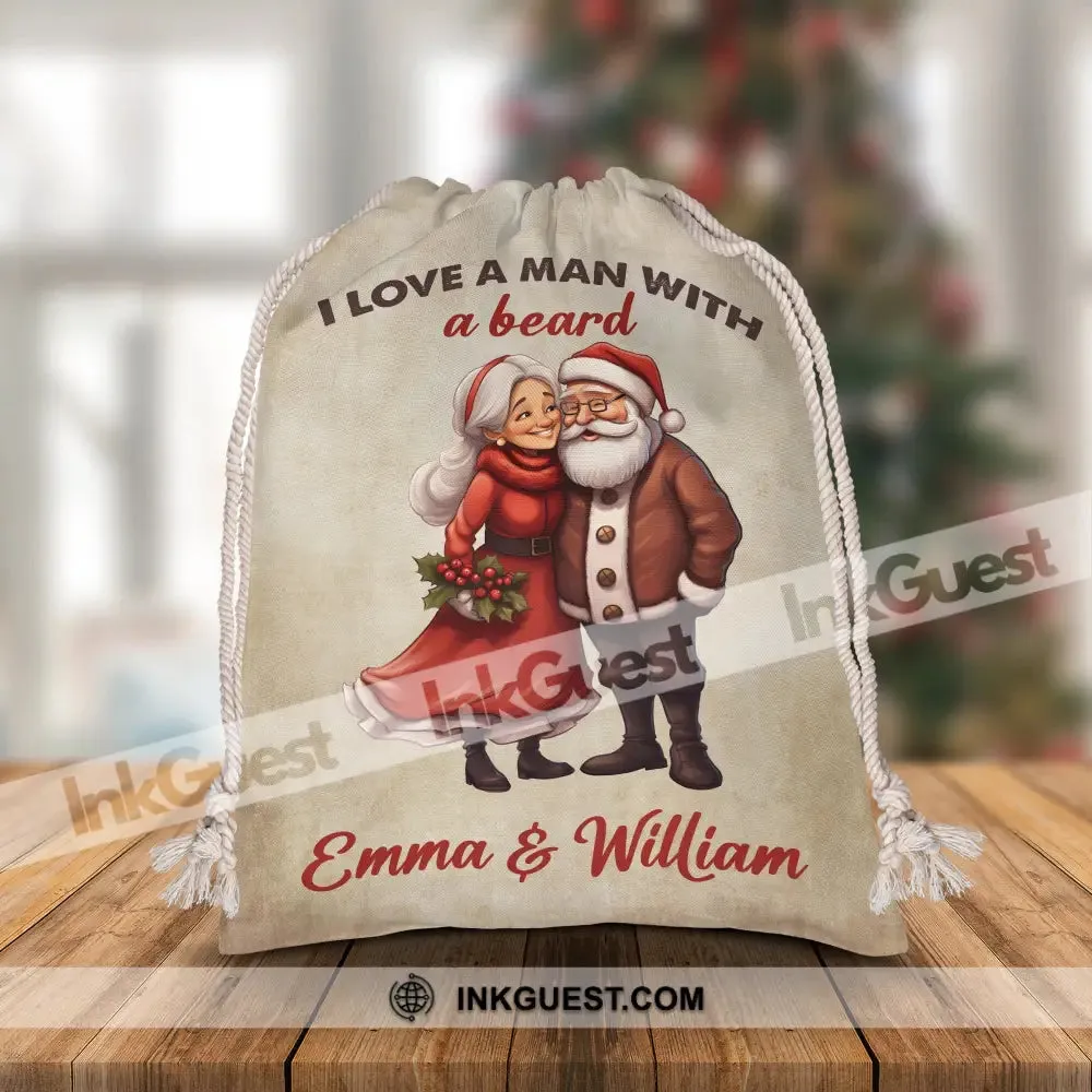 I Love A Man With A Beard - Custom Name, Personalized String Bag, Christmas Gift