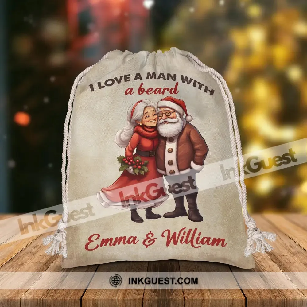 I Love A Man With A Beard - Custom Name, Personalized String Bag, Christmas Gift