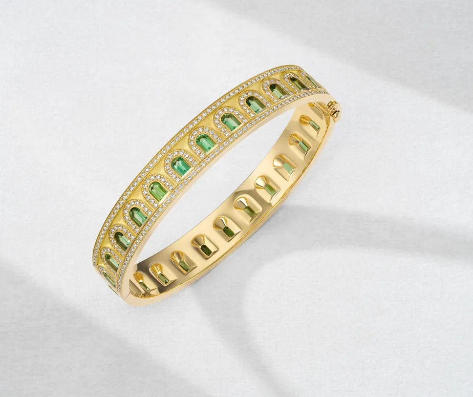 L'Arc Deco Bangle in 18k Yellow Gold with DAVIDOR Arch Cut Green Tourmalines and Brilliant Diamonds