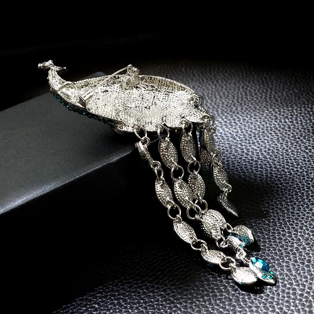 Large Multi-Color Micro-Pave Peacock Dangling CZ Pin Brooch