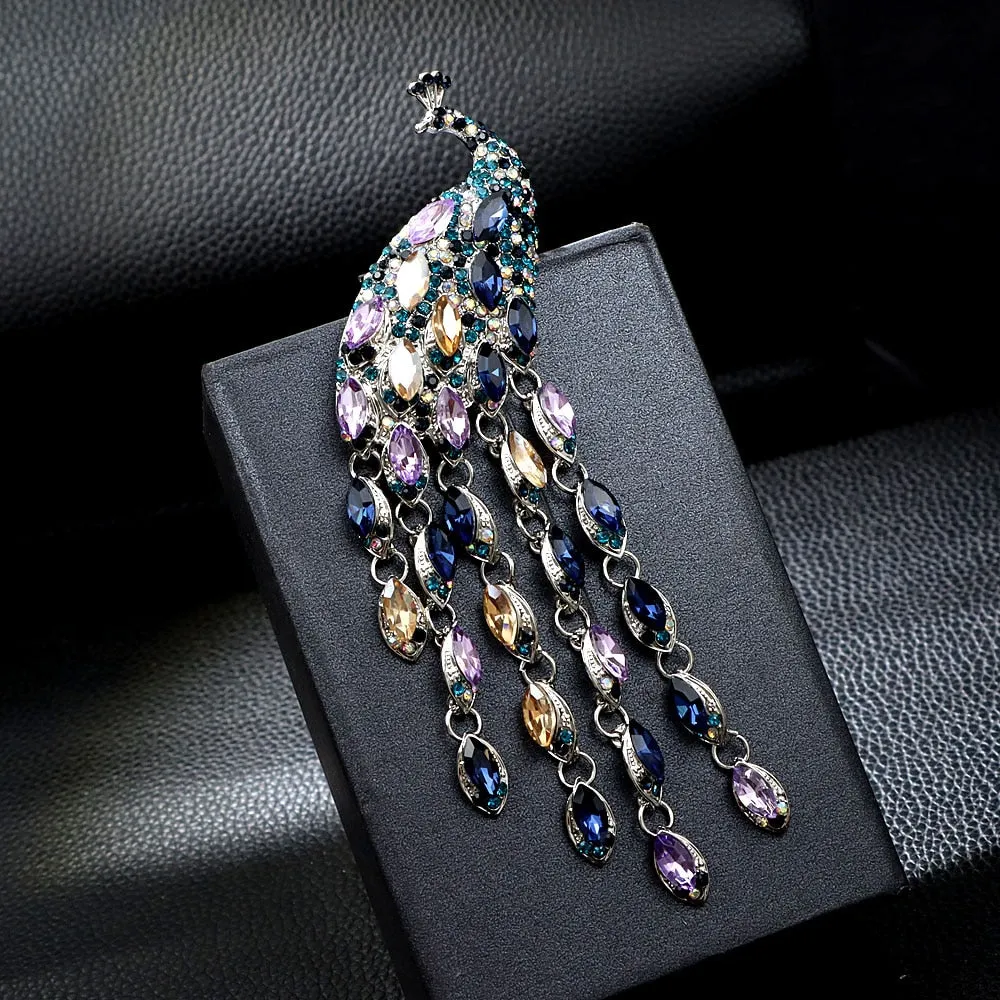 Large Multi-Color Micro-Pave Peacock Dangling CZ Pin Brooch