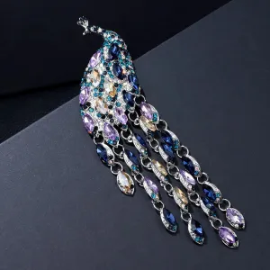 Large Multi-Color Micro-Pave Peacock Dangling CZ Pin Brooch