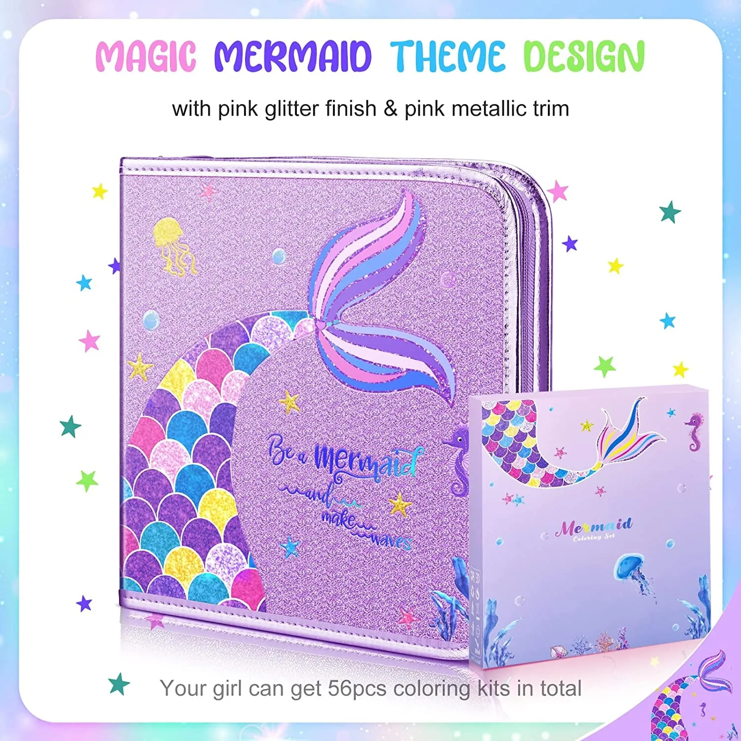 Mermaid Art Craft Kit for Kids, 56 Piece Set with Pencil Case, Markers, Crayons, Gel Pens, Erasers, Stencils, Ruler