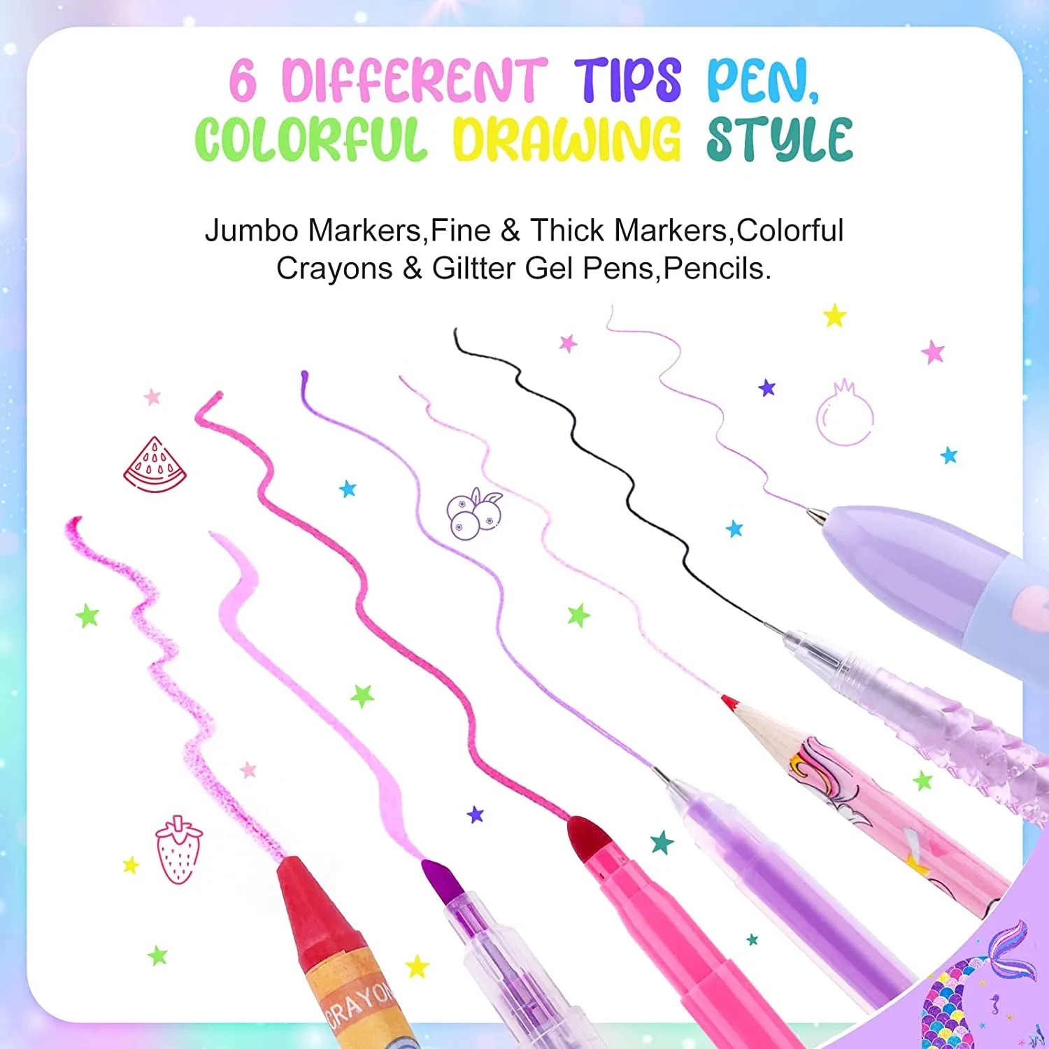 Mermaid Art Craft Kit for Kids, 56 Piece Set with Pencil Case, Markers, Crayons, Gel Pens, Erasers, Stencils, Ruler