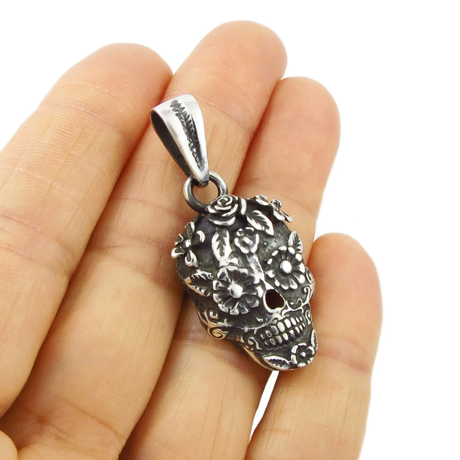 Mexican Day of the Dead Sterling Silver Skull and Flowers La Catrina Pendant