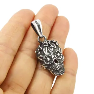 Mexican Day of the Dead Sterling Silver Skull and Flowers La Catrina Pendant