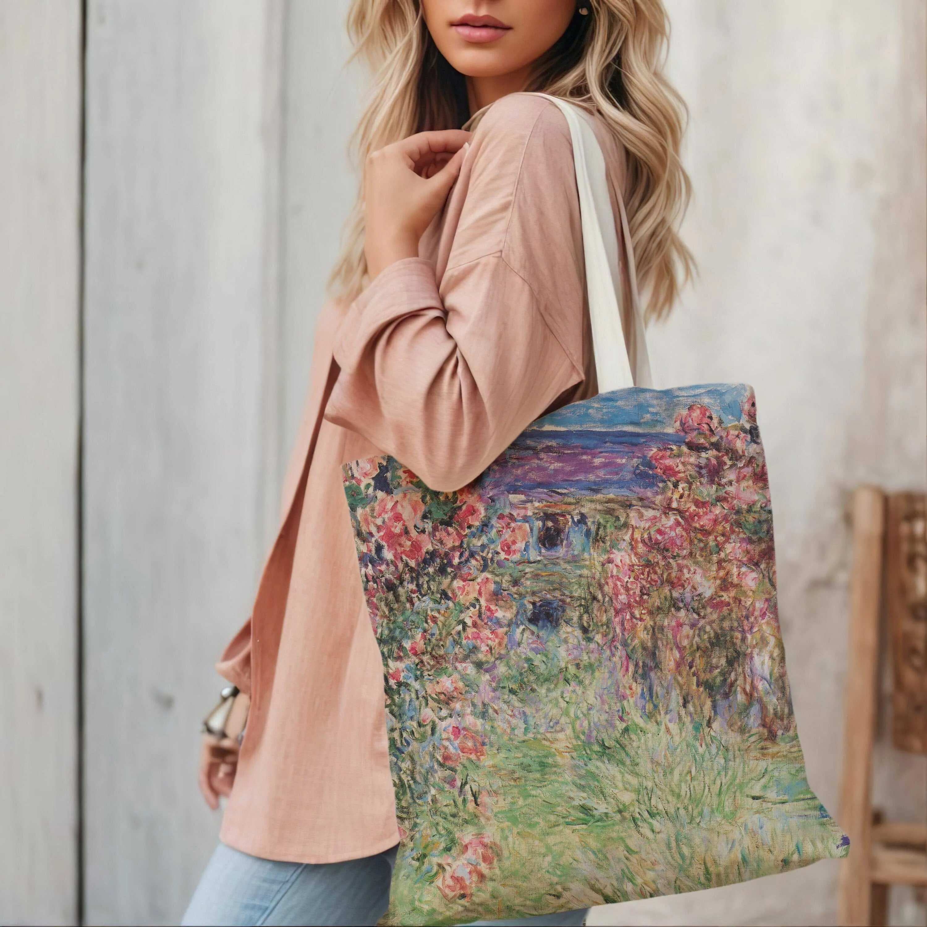 Monet Pink Roses Canvas Tote Bag