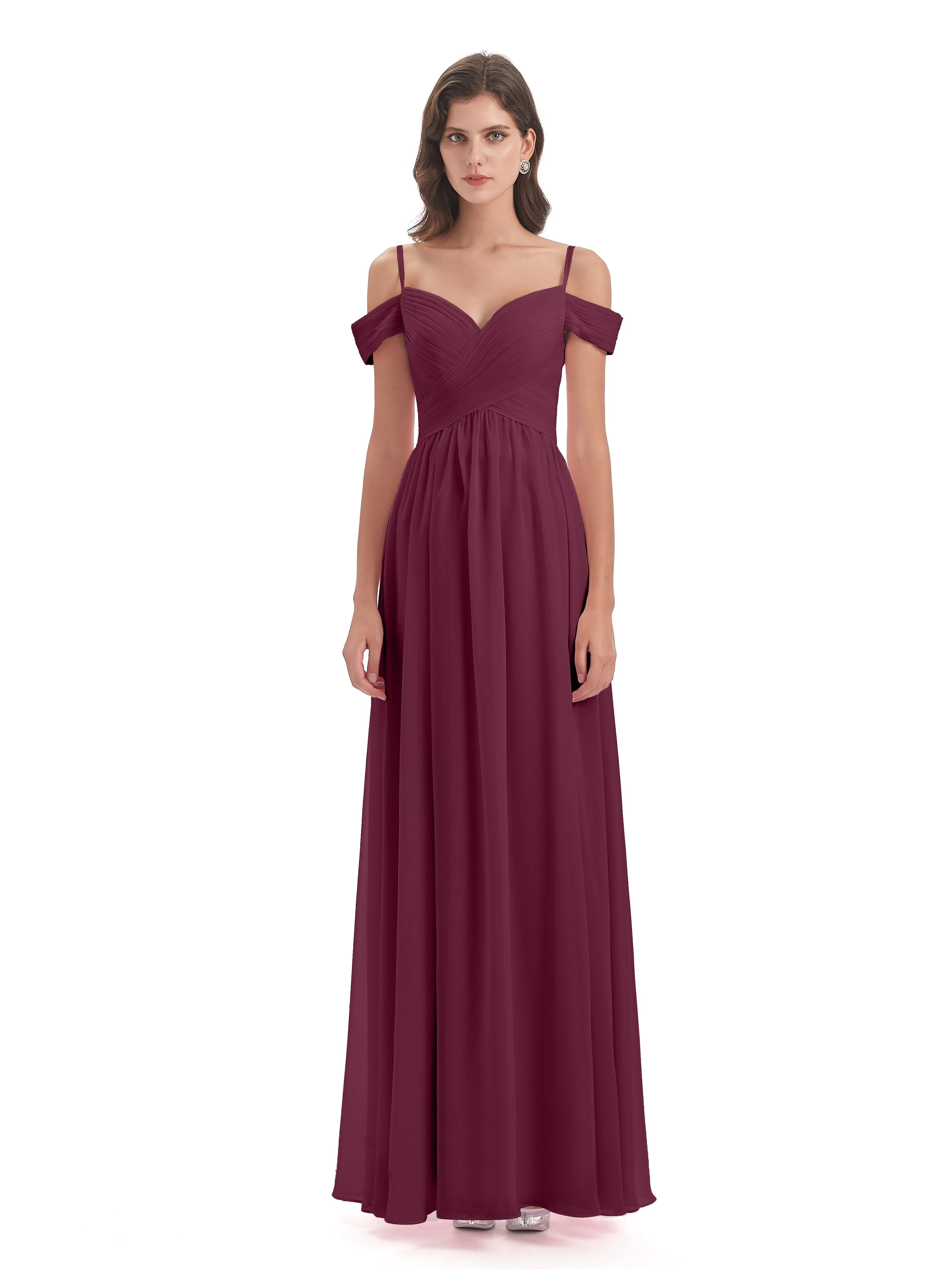 Mulberry Color Bridesmaid Dresses Gorgeous Chiffon Off The Shoulder Long Bridesmaid Dresses