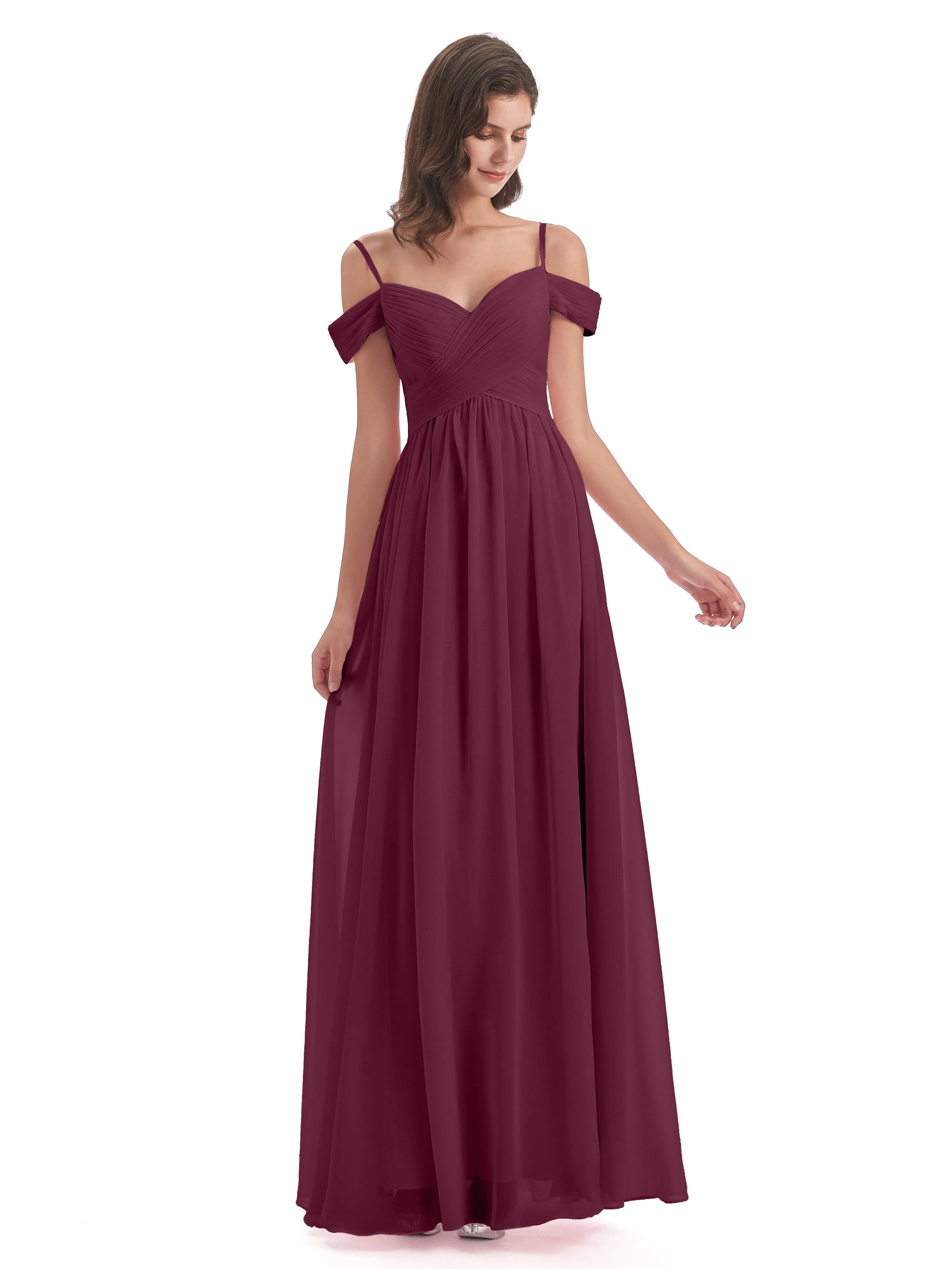 Mulberry Color Bridesmaid Dresses Gorgeous Chiffon Off The Shoulder Long Bridesmaid Dresses