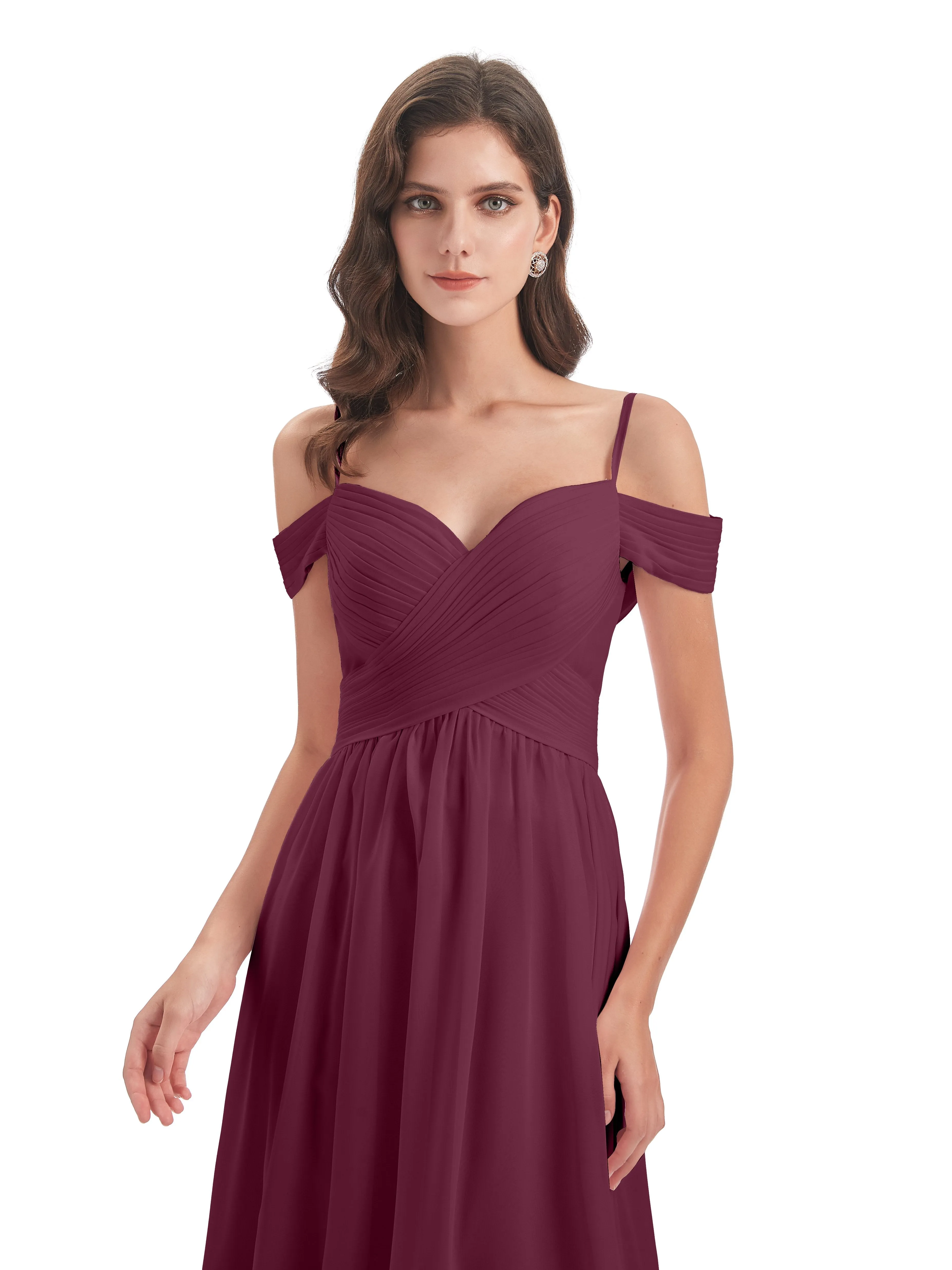 Mulberry Color Bridesmaid Dresses Gorgeous Chiffon Off The Shoulder Long Bridesmaid Dresses