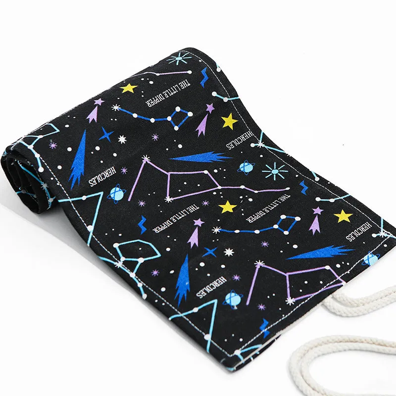 Night Sky Sketch Color Pencil Roll Wrap Bag Portable Large Capacity Canvas 24 36 Holes
