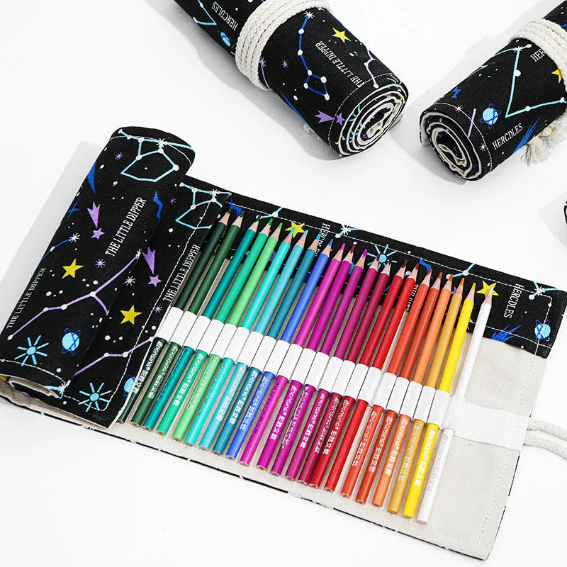 Night Sky Sketch Color Pencil Roll Wrap Bag Portable Large Capacity Canvas 24 36 Holes