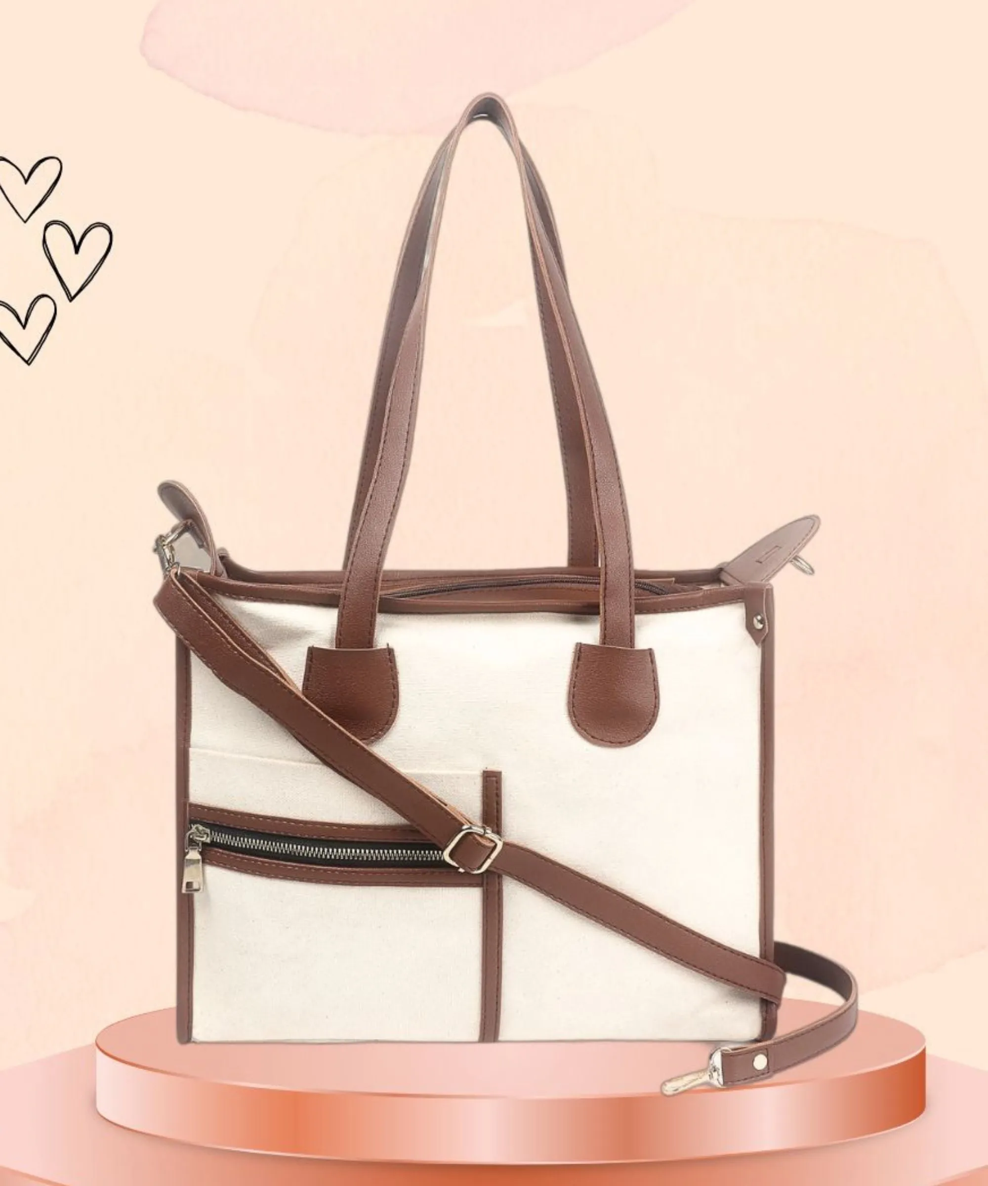 Off White-Tan Canvas Handbag For Women