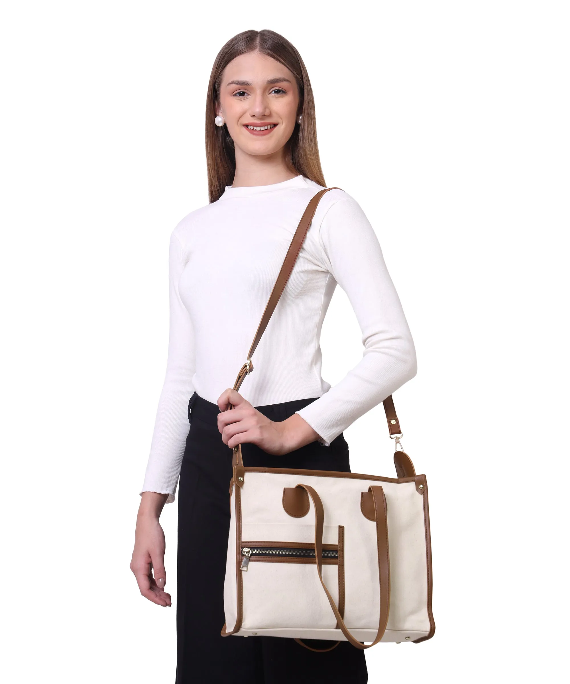 Off White-Tan Canvas Handbag For Women