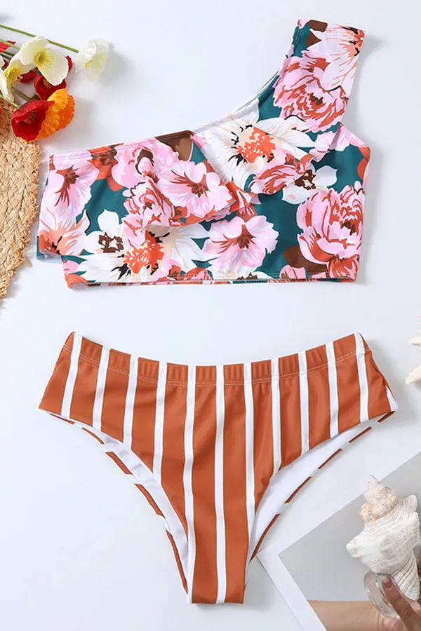 One Shoulder Flounce Sleeve Floral Print Striking Bikini