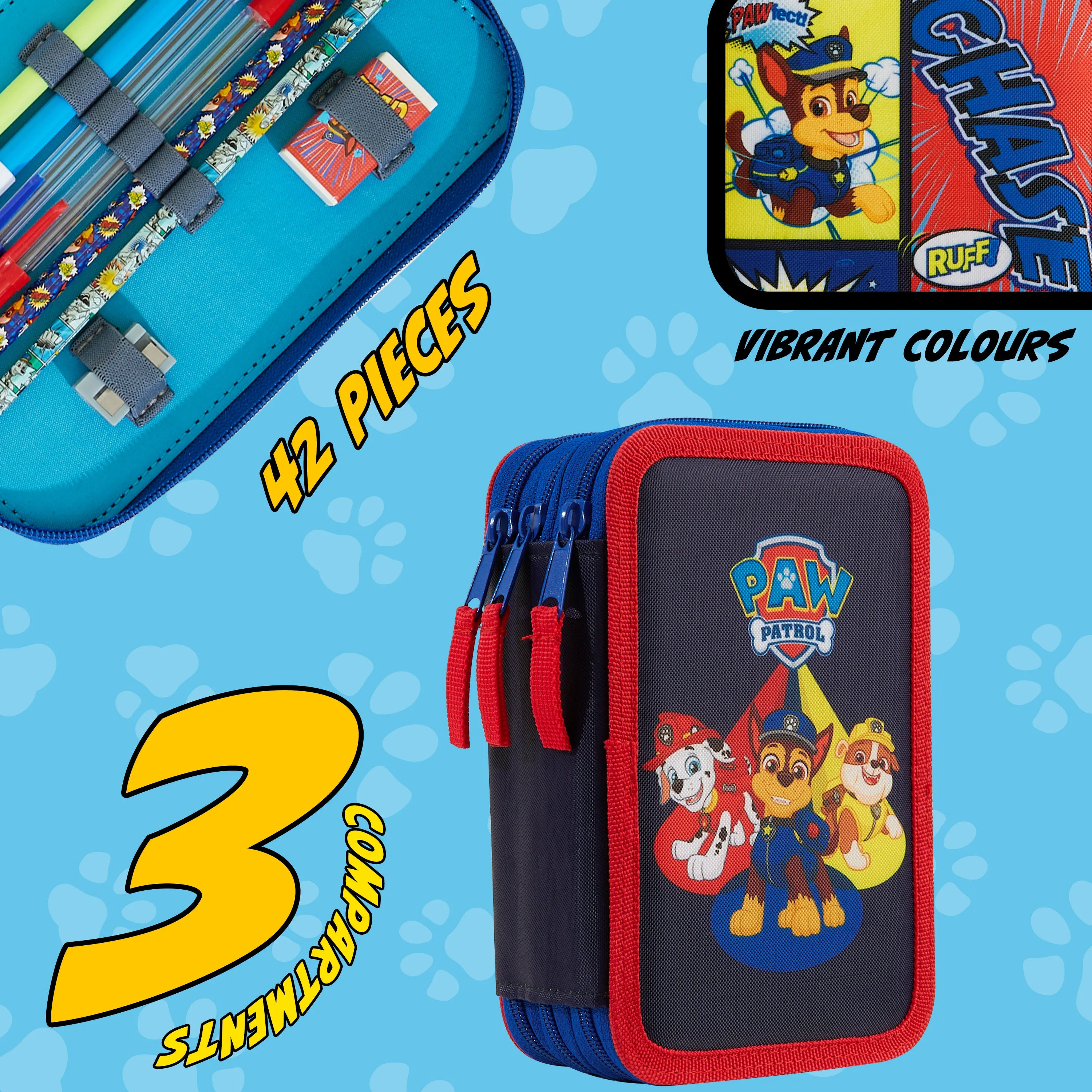 Paw Patrol Filled Pencil Case Multiple Zipped Compartments School Stationery Set