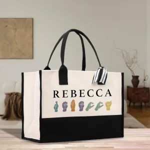 Personalized ASL Teacher Cotton Canvas Tote Bag Sign Language Custom SLP Gift Name Sign Language Gift for Deaf ASL Wildflower Bag (SLT1005)