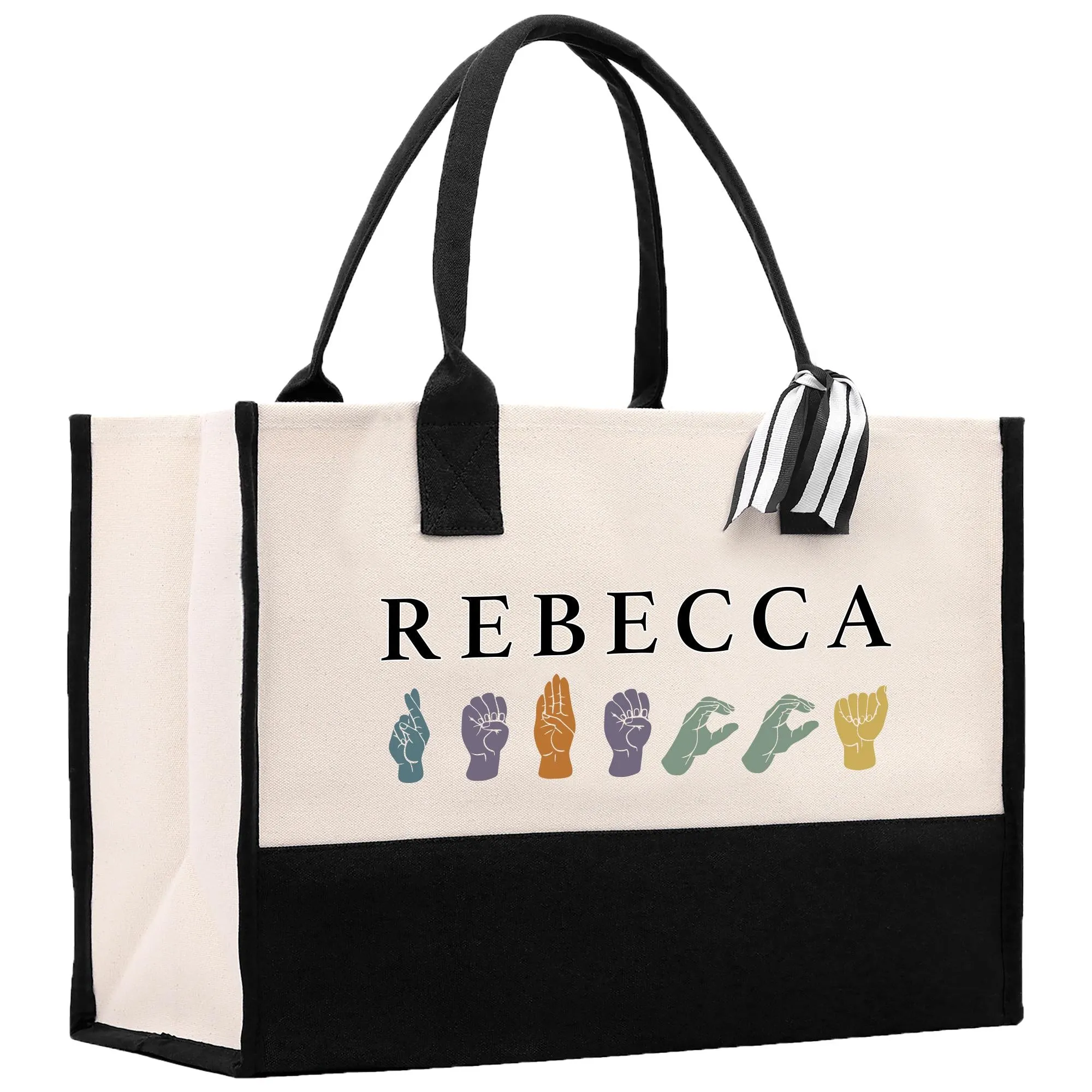 Personalized ASL Teacher Cotton Canvas Tote Bag Sign Language Custom SLP Gift Name Sign Language Gift for Deaf ASL Wildflower Bag (SLT1005)