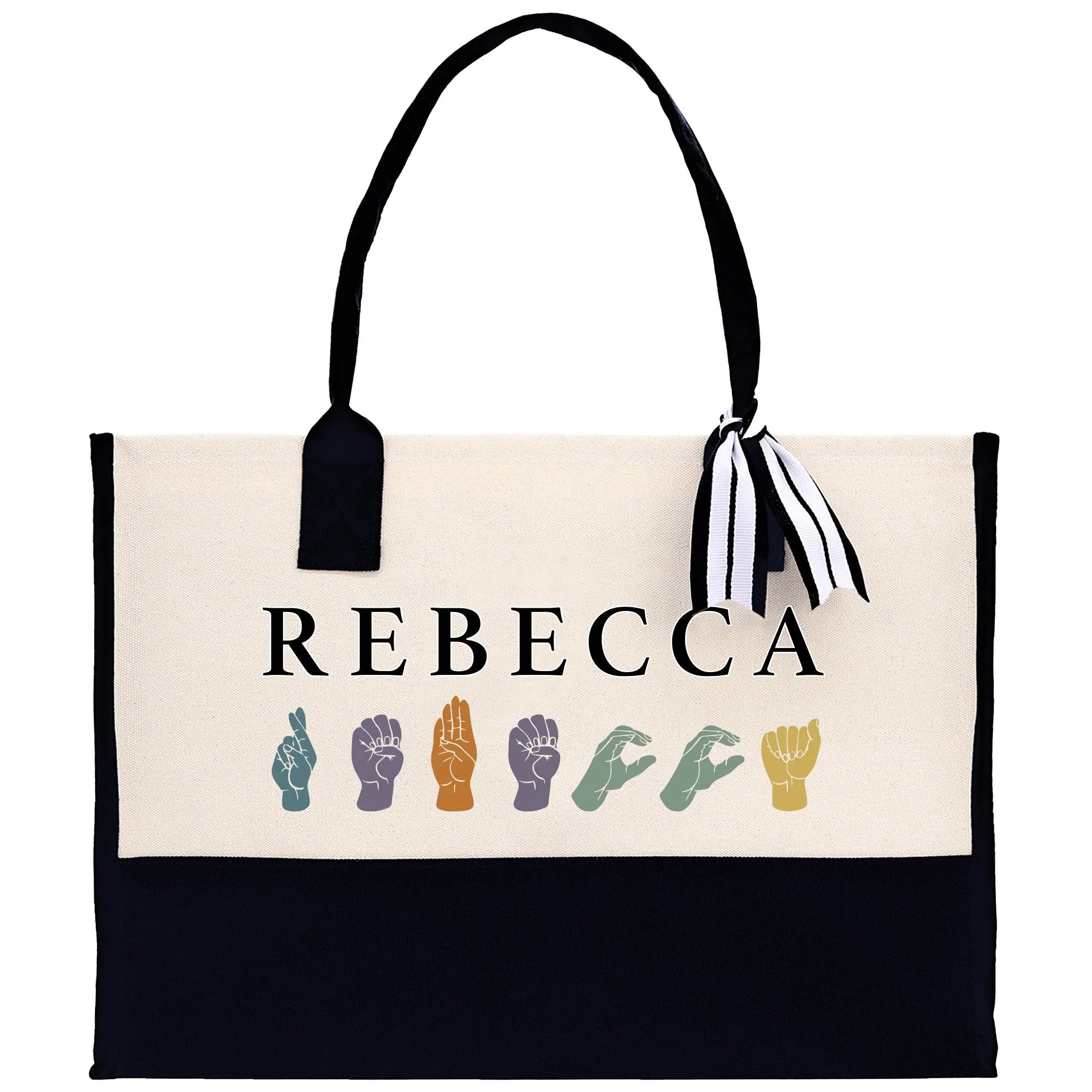 Personalized ASL Teacher Cotton Canvas Tote Bag Sign Language Custom SLP Gift Name Sign Language Gift for Deaf ASL Wildflower Bag (SLT1005)