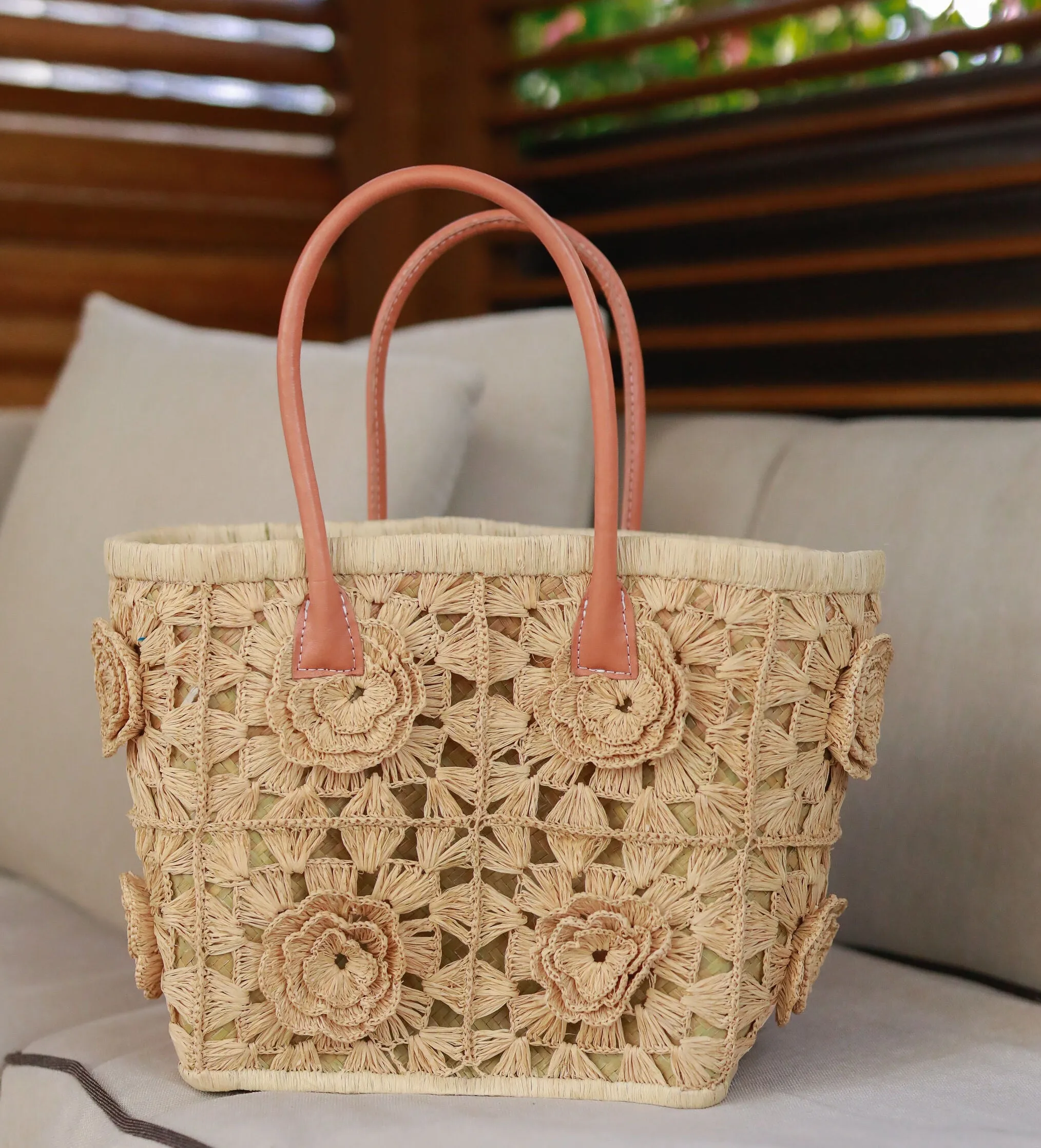 Petite Flower Crochet Straw Basket Bag