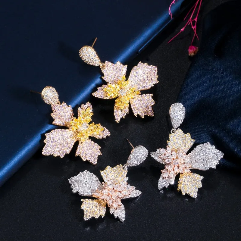 Pretty Dangle Drop Butterfly Flower 3 Tone Rose Gold Cubic Zirconia Earrings