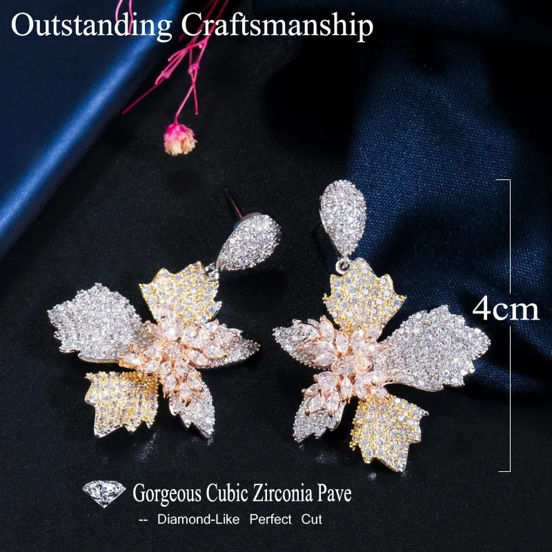Pretty Dangle Drop Butterfly Flower 3 Tone Rose Gold Cubic Zirconia Earrings