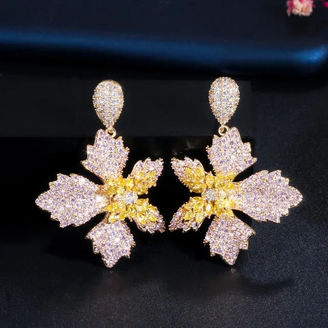 Pretty Dangle Drop Butterfly Flower 3 Tone Rose Gold Cubic Zirconia Earrings