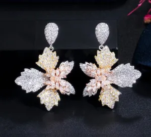 Pretty Dangle Drop Butterfly Flower 3 Tone Rose Gold Cubic Zirconia Earrings