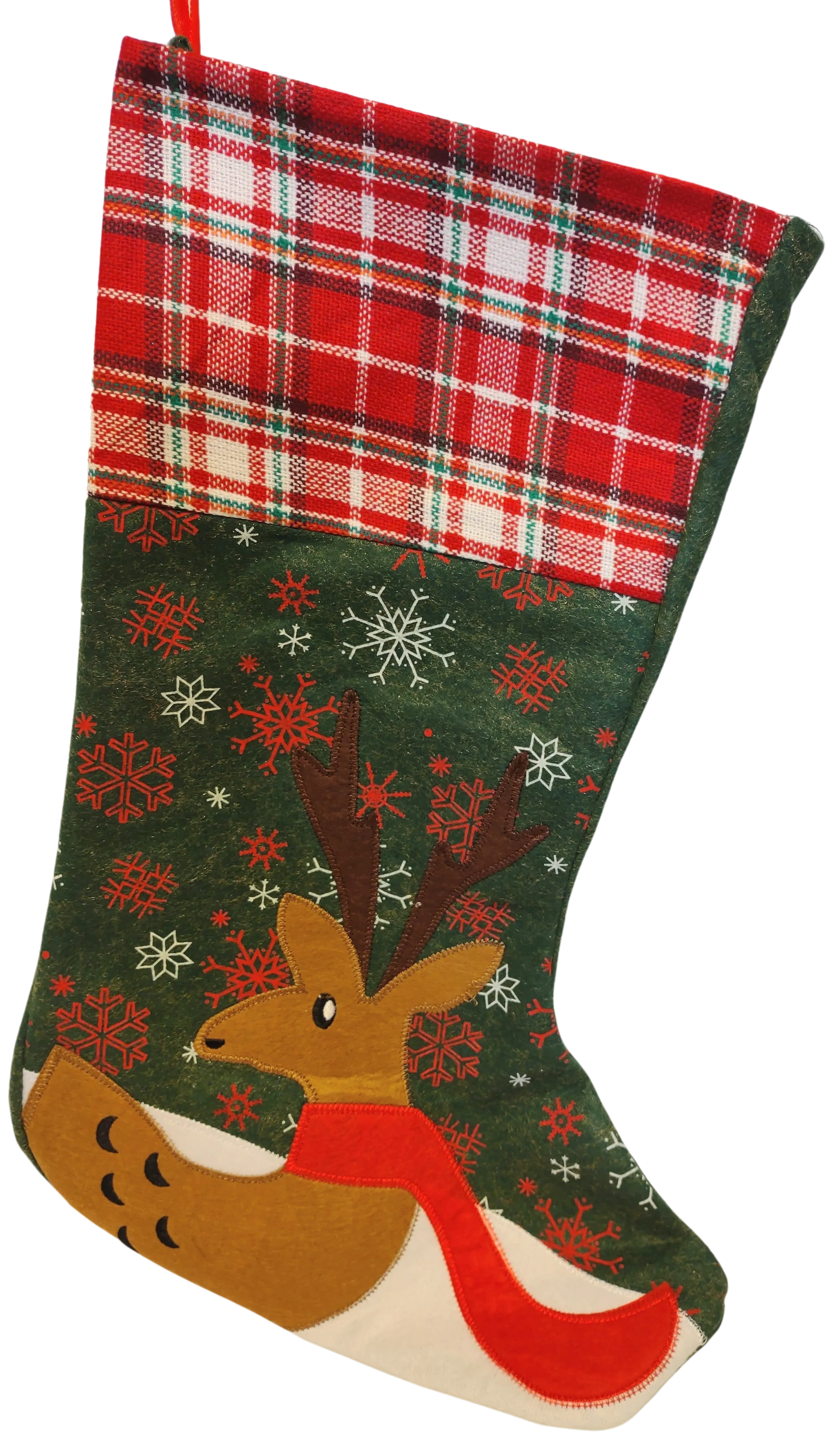Reindeer with Red Scarf Green Felt Stocking 18"