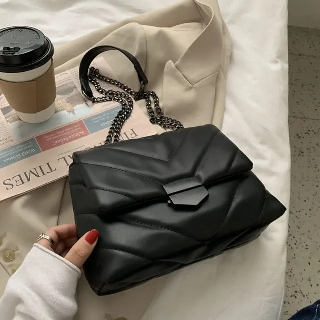 Shoulder Chain Faux Leather Black Handbag