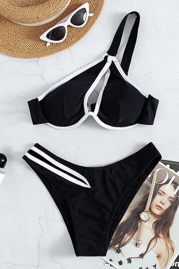 Solid Color Striking One Shoulder Cutout Irregular Bikini
