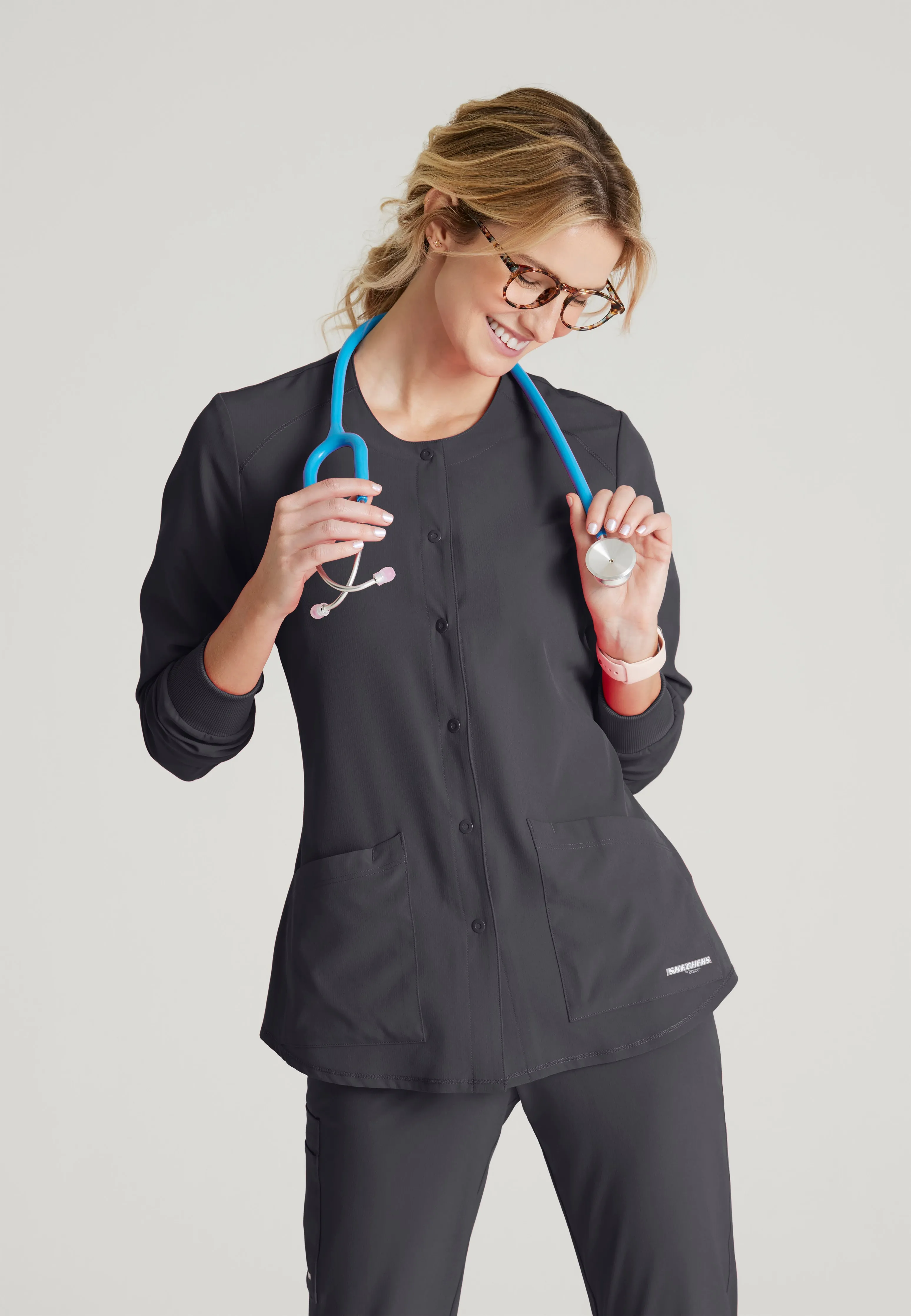 Stability 2-Pocket Crewneck Snap-Front Scrub Jacket