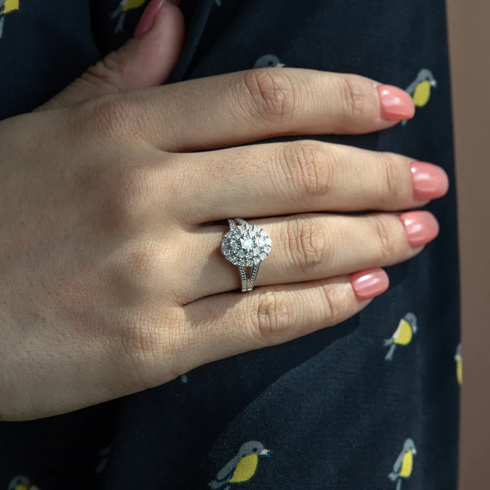 Sterling Silver 1/5 Carat Diamond Oval Cluster Ring with 27 Brilliant Diamonds