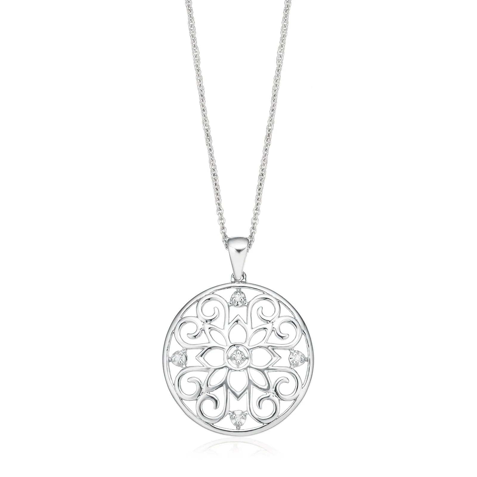 Sterling Silver Diamond Set Flower Disc Pendant