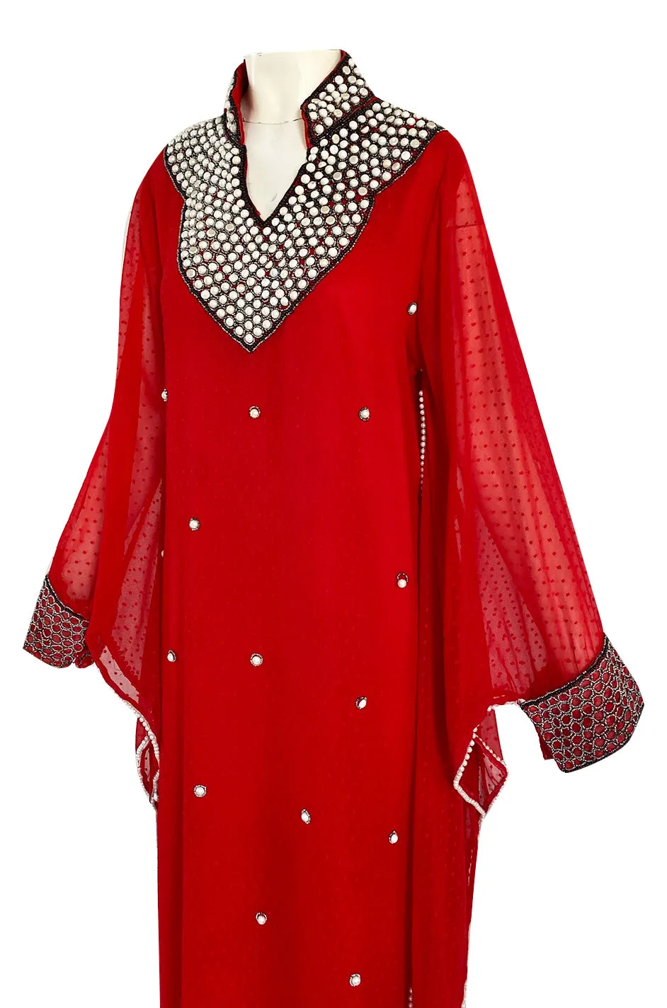 Striking 1970s Red Dotted Chiffon White Beaded Caftan Dress w Kimono Sleeves