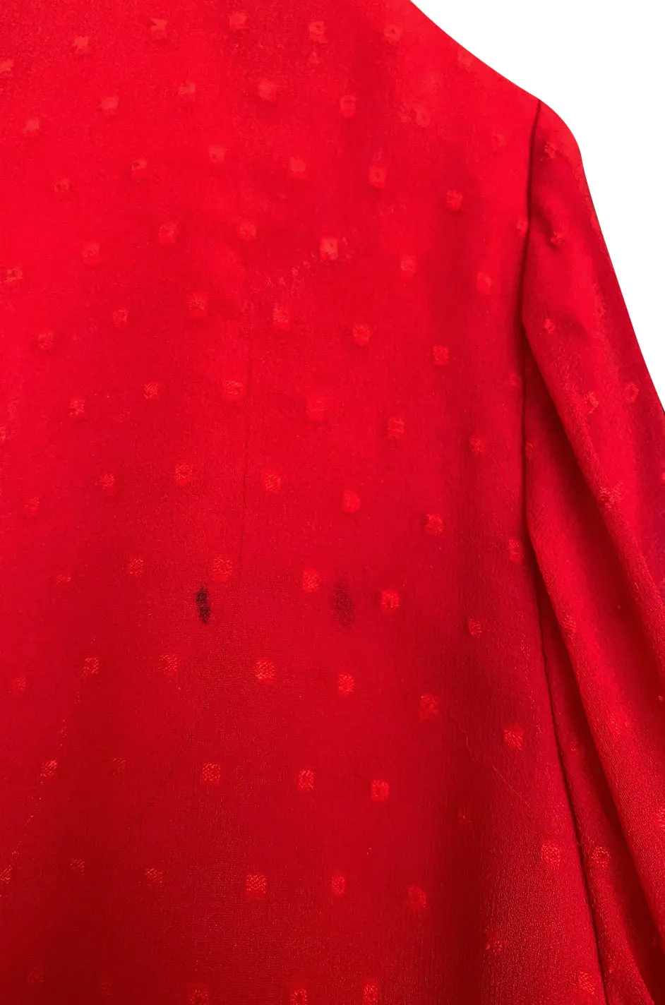 Striking 1970s Red Dotted Chiffon White Beaded Caftan Dress w Kimono Sleeves