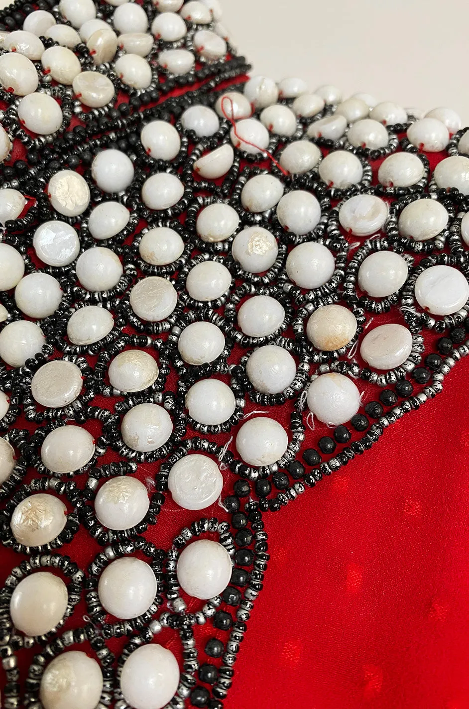 Striking 1970s Red Dotted Chiffon White Beaded Caftan Dress w Kimono Sleeves