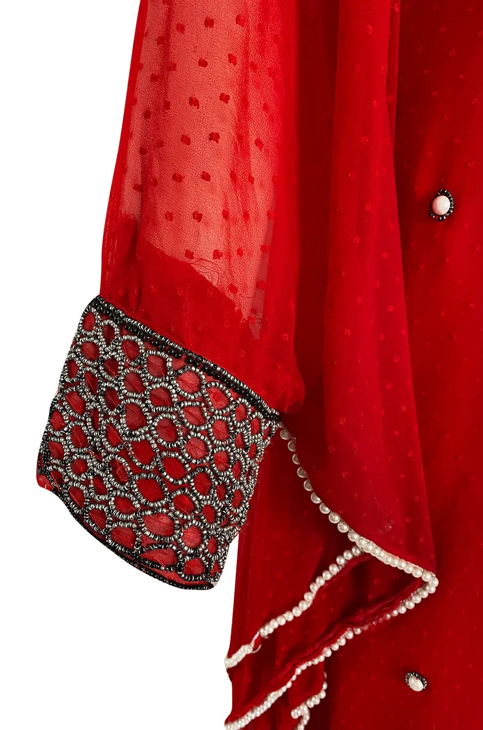 Striking 1970s Red Dotted Chiffon White Beaded Caftan Dress w Kimono Sleeves
